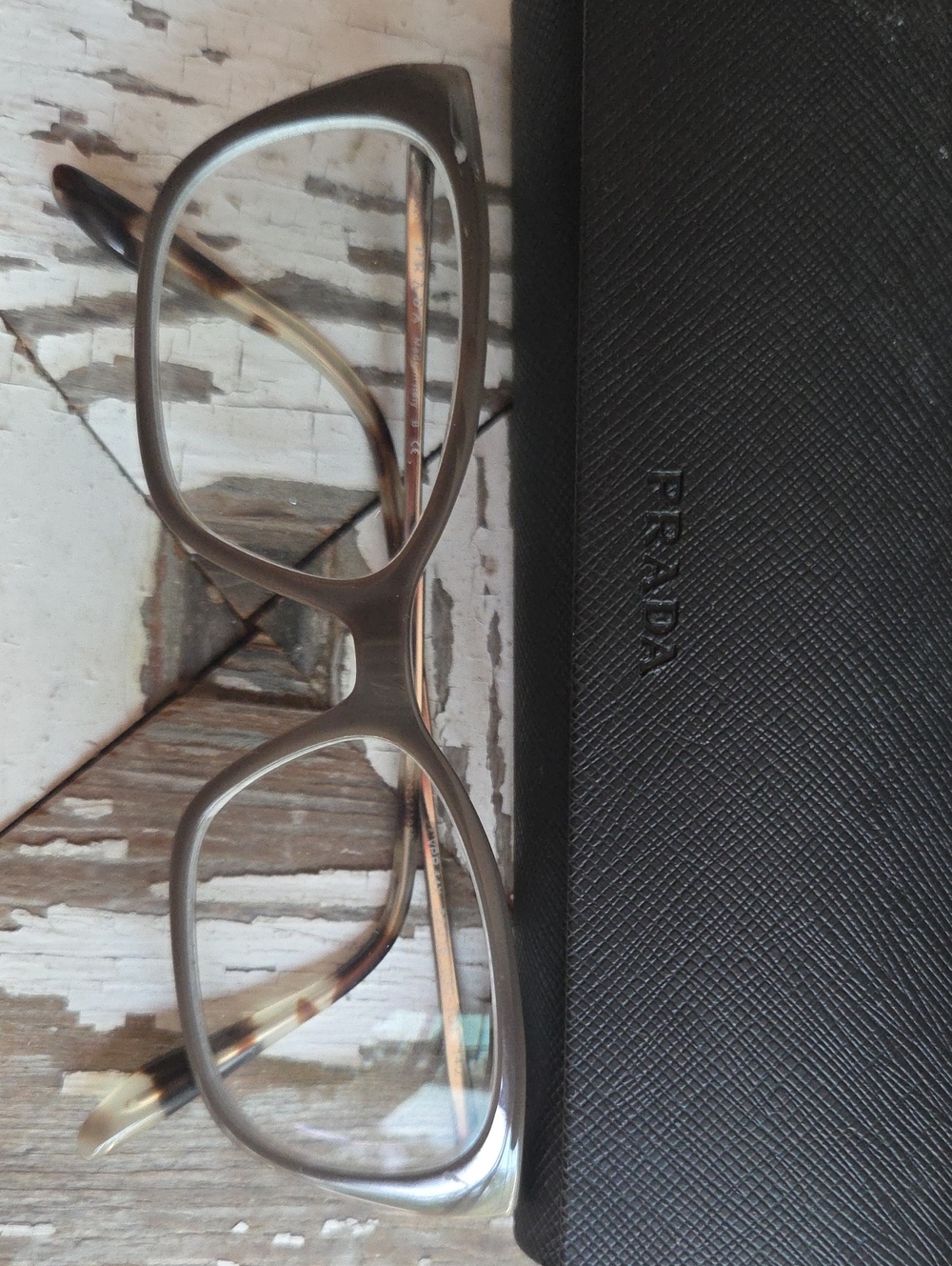 Prada Gray Saffiano Eyeglass Case with Brown Tortoiseshell Frames